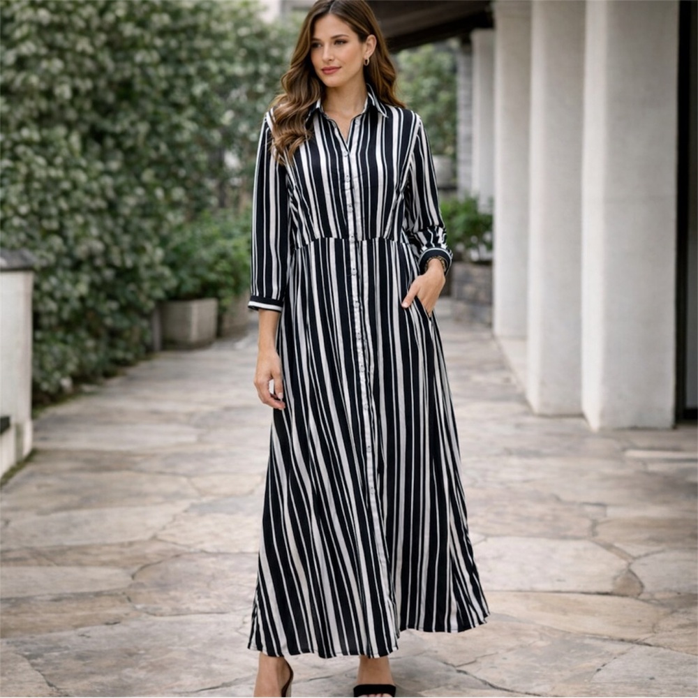 L.N.V Black & White Striped Button Front Maxi Shirt Dress Size S